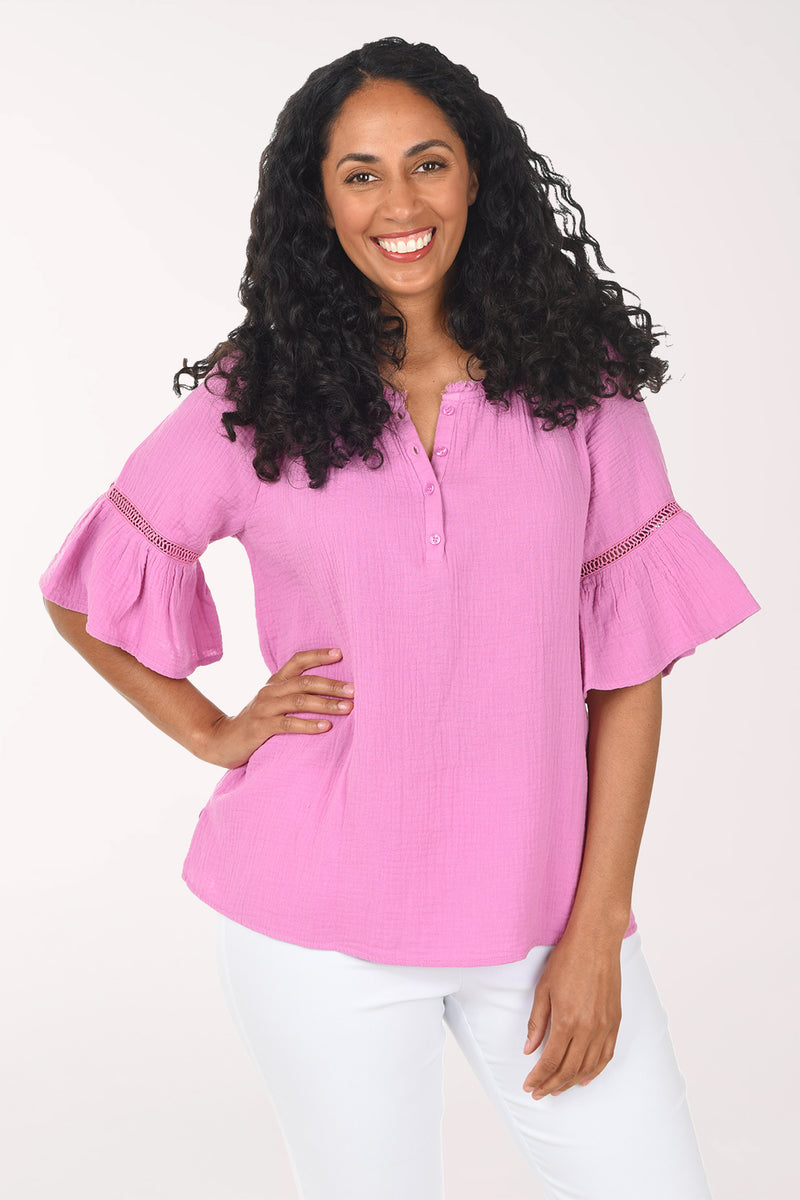 Cotton Bubble Gauze Bell Sleeve Blouse | Tribal