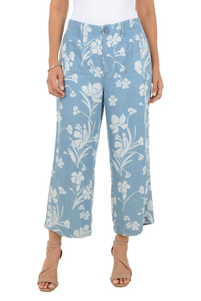 Light blue floral-patterned pants worn by a person on a white background