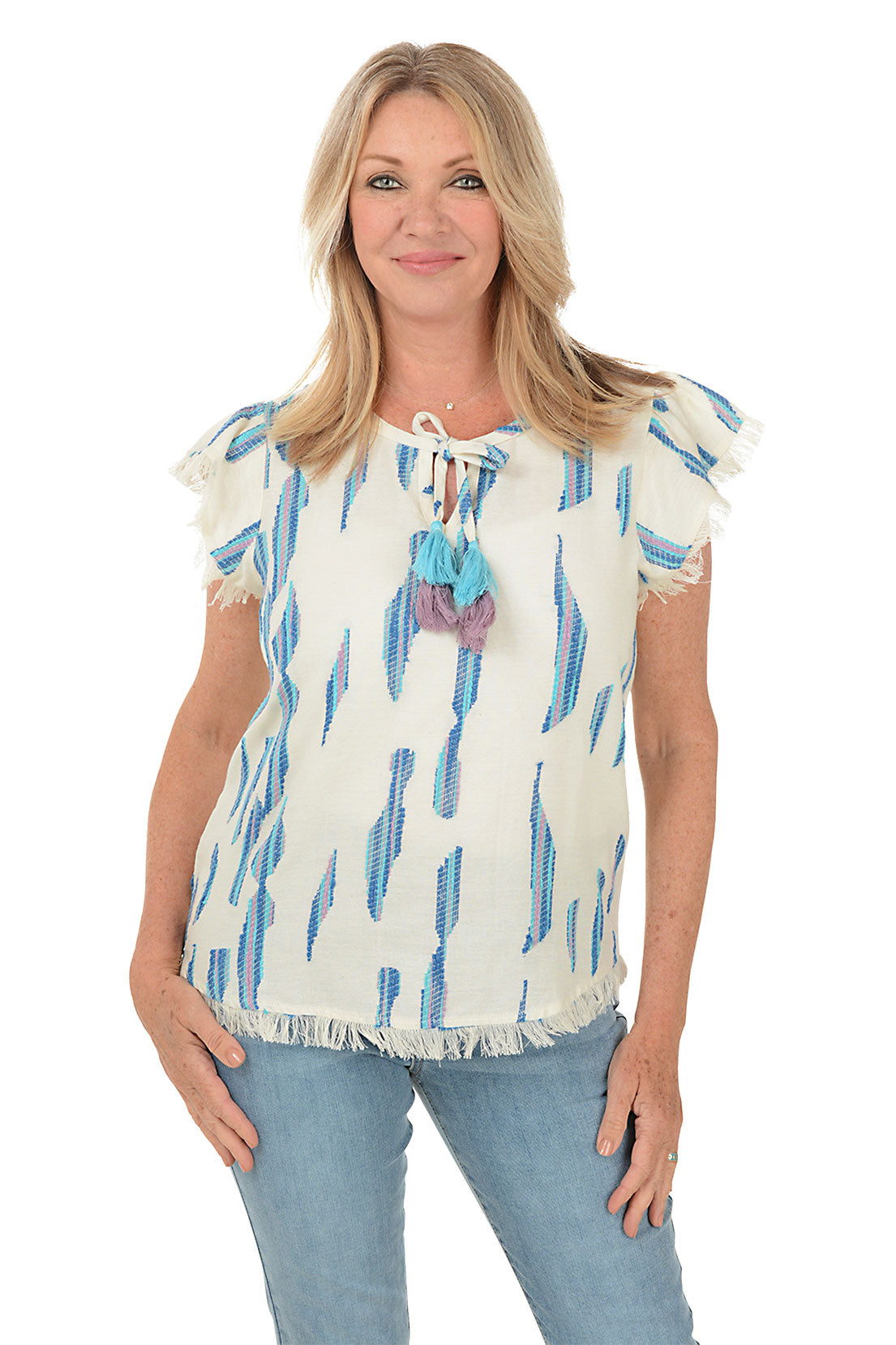 Ocean Waves Frayed Woven Cotton Blouse