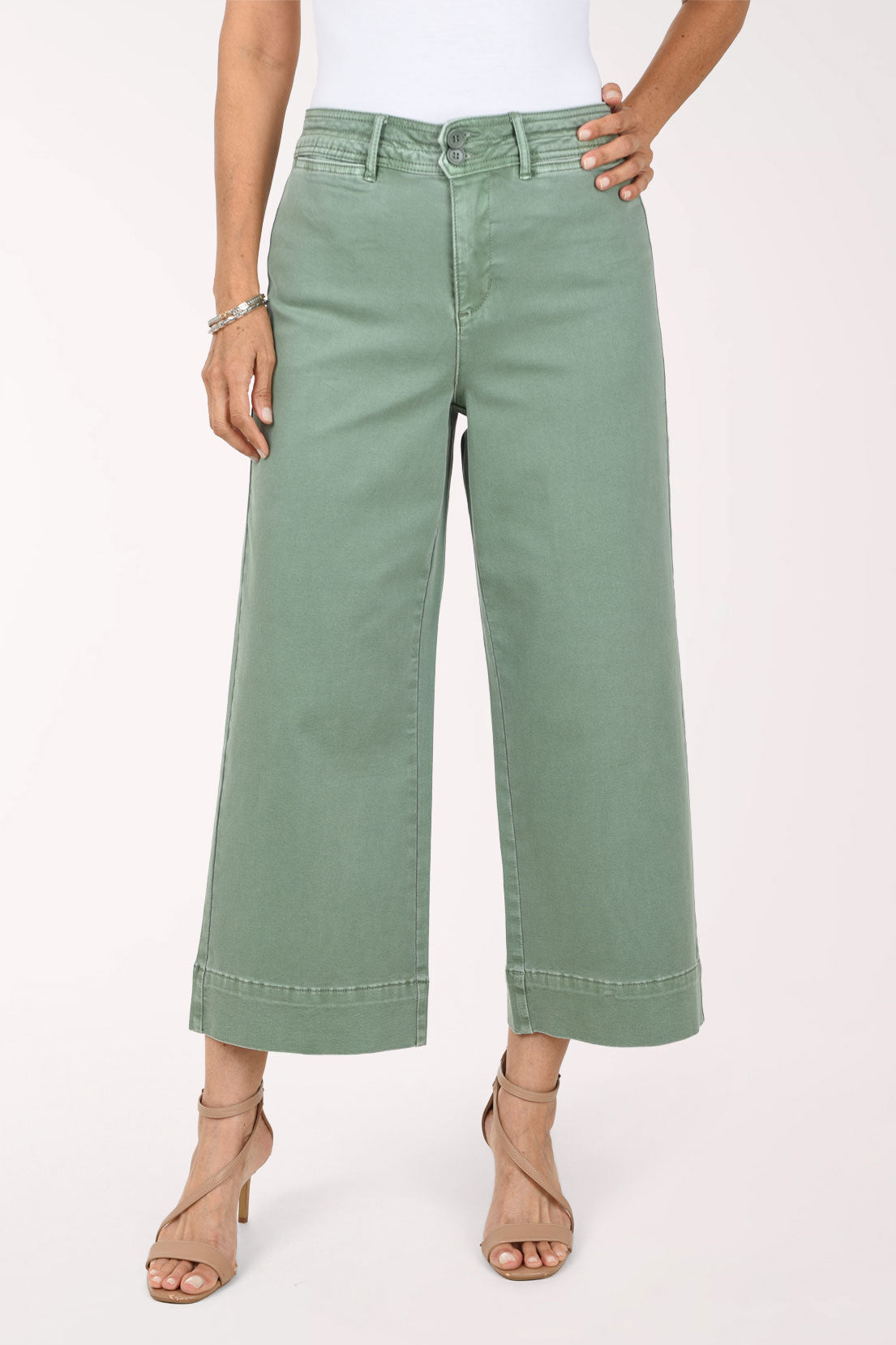Front close-up of sage green Moss wide leg crop pants showing the high-rise waistband with belt loops, decorative topstitching, double button closure and wide cropped hem, worn with a white top.