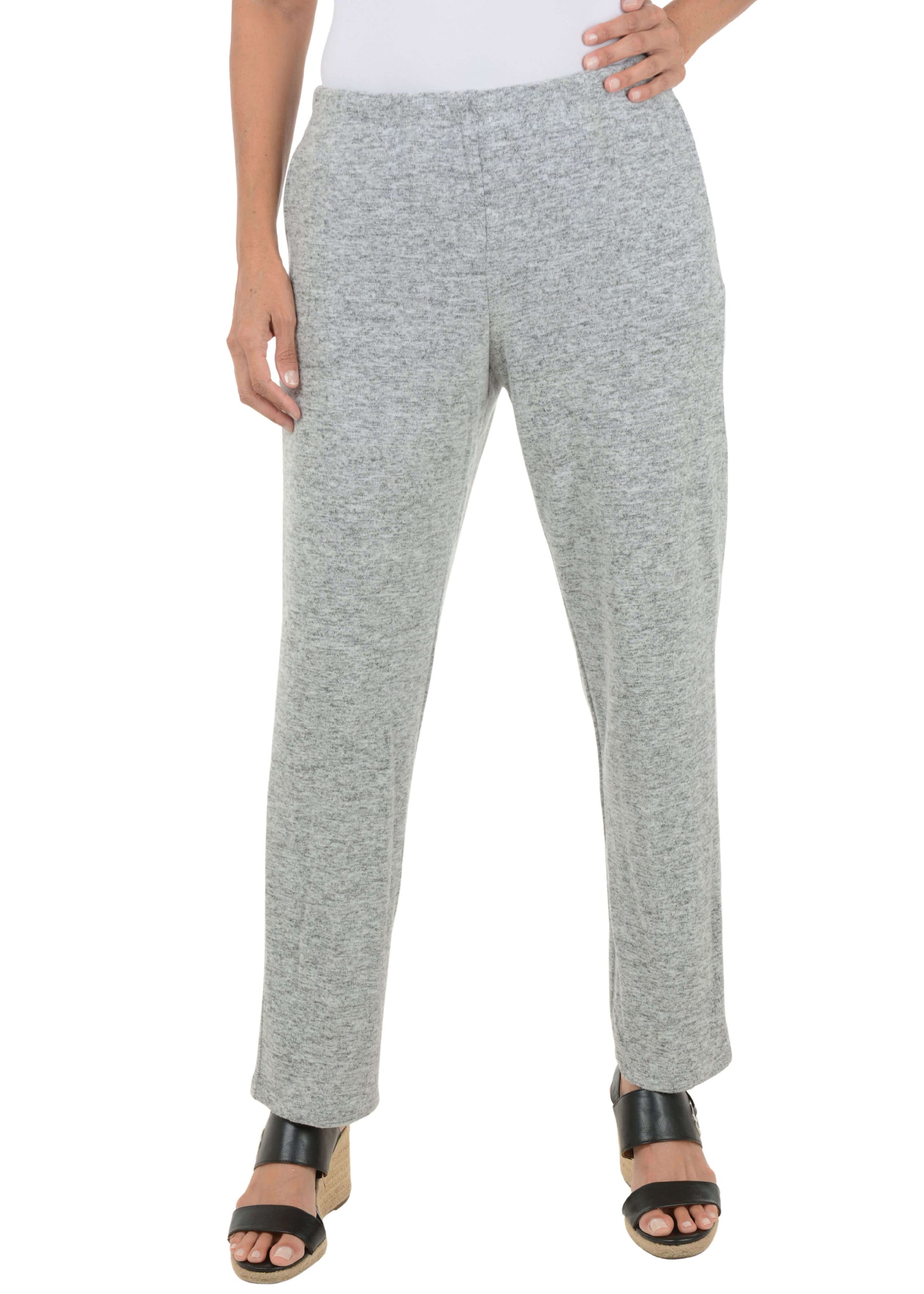 Front shot of our model wearing grey lounge bottoms. 