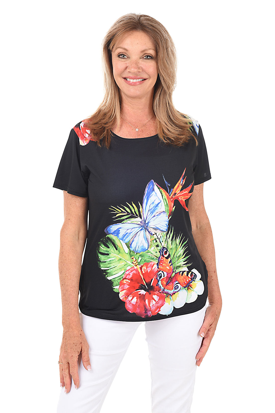 Tropical Butterfly Short Sleeve Knit Top