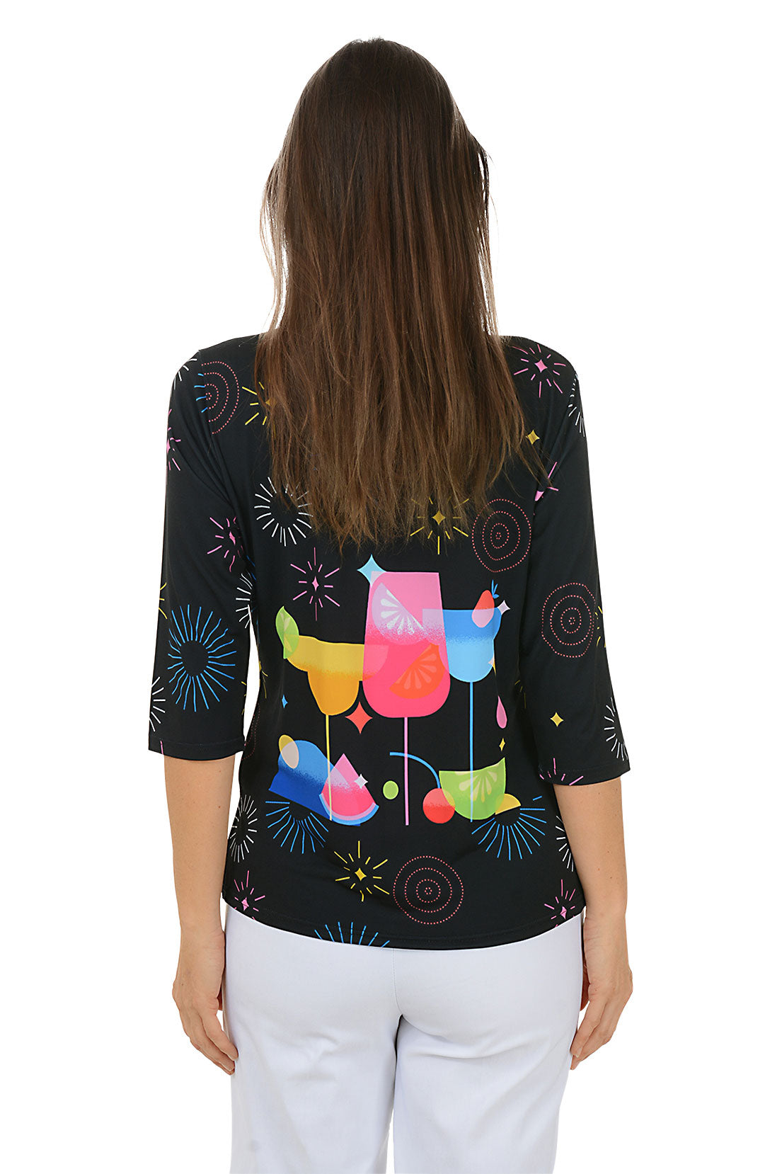 Woman wearing a black top with colorful cocktail graphics on a white background. Back shot.