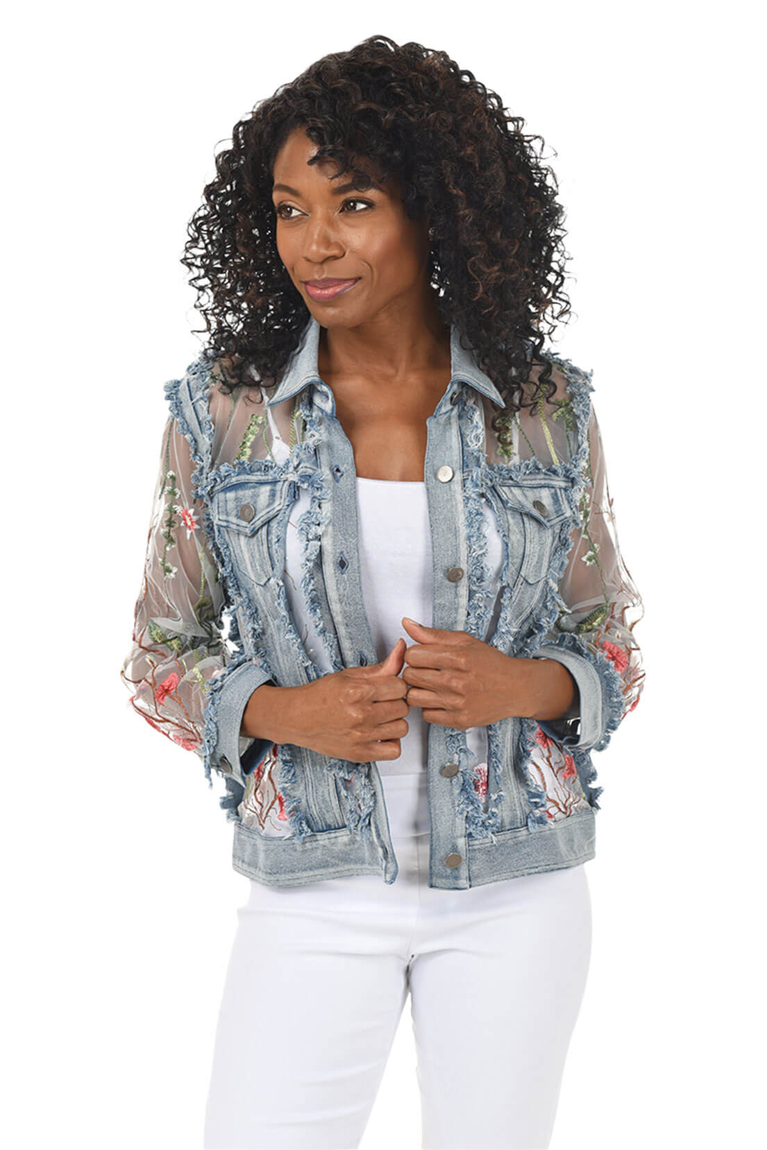 Floral Sheer Distressed Denim Jacket