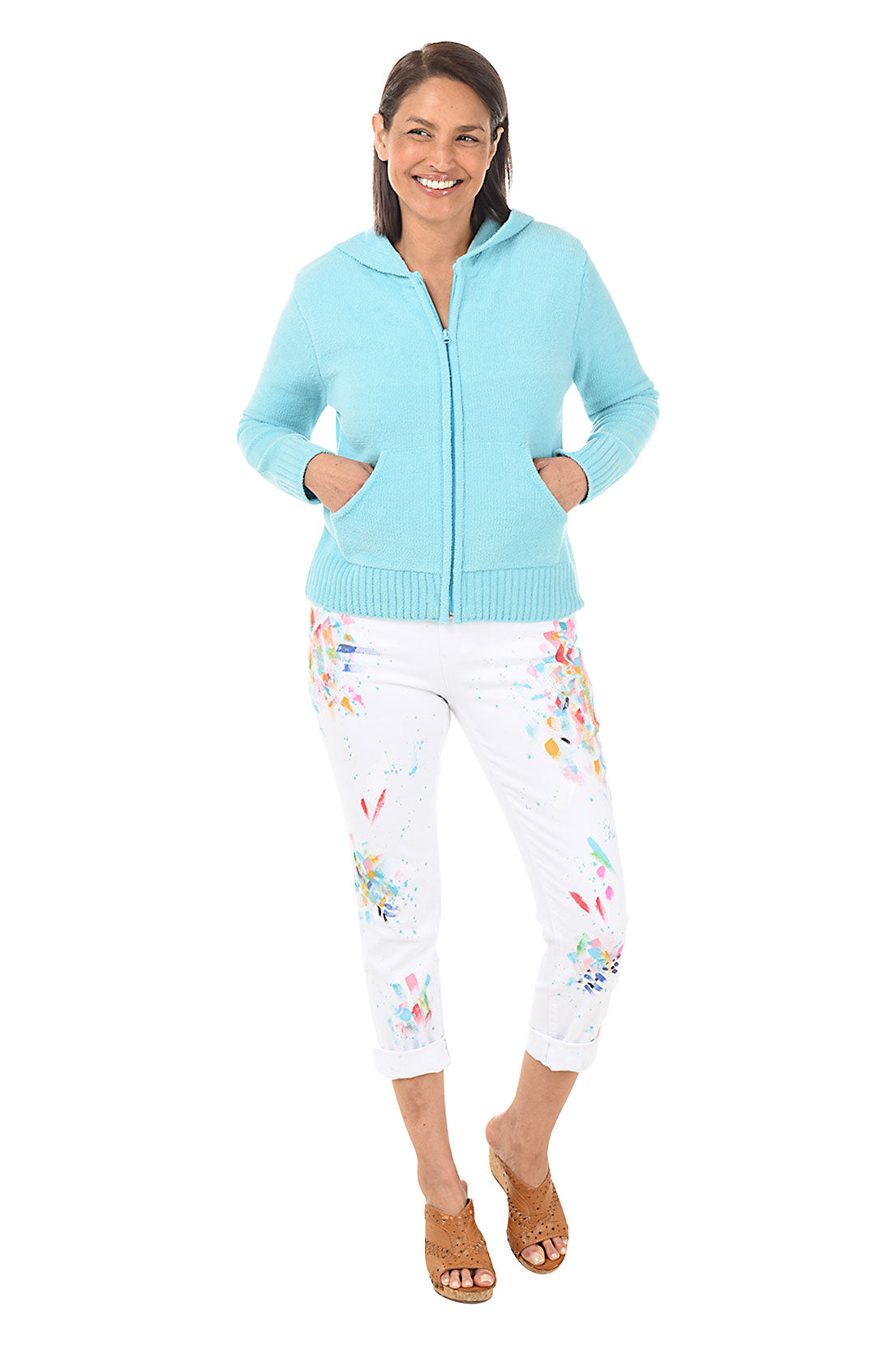 Paint Speckled Pull-On Denim Ankle Pant