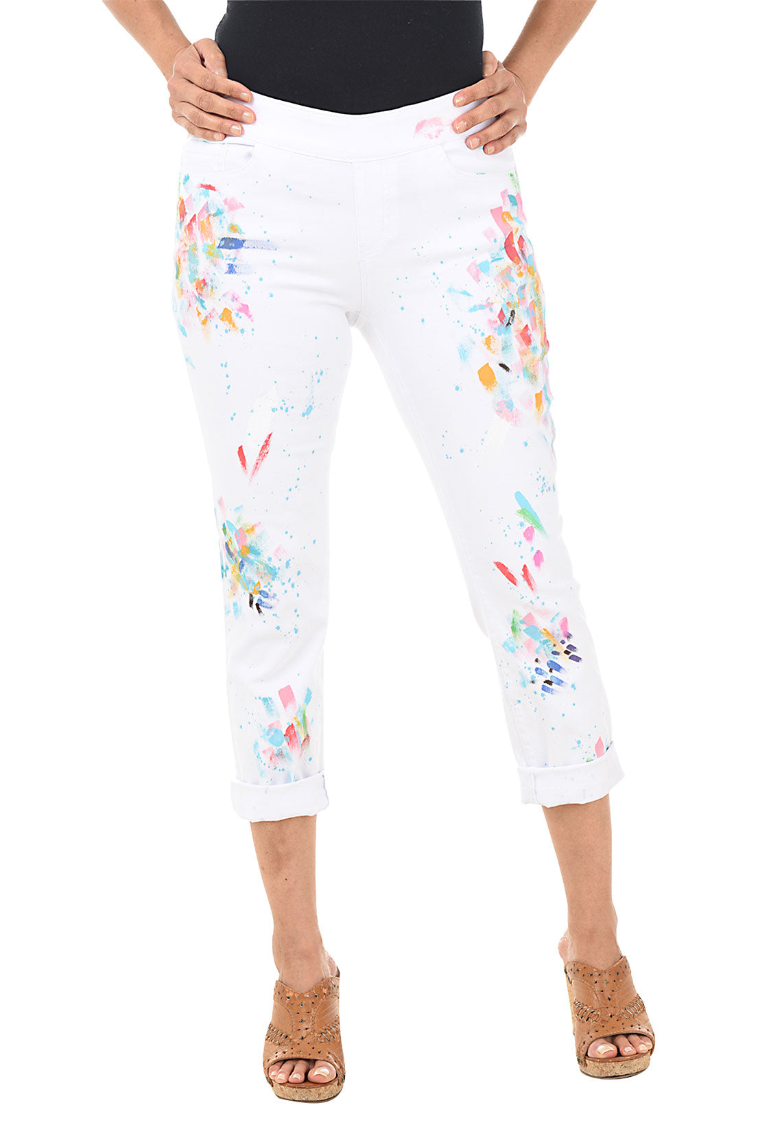 White Paint Speckled Pull-On Denim Ankle Pant