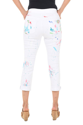 White Paint Speckled Pull-On Denim Ankle Pant
