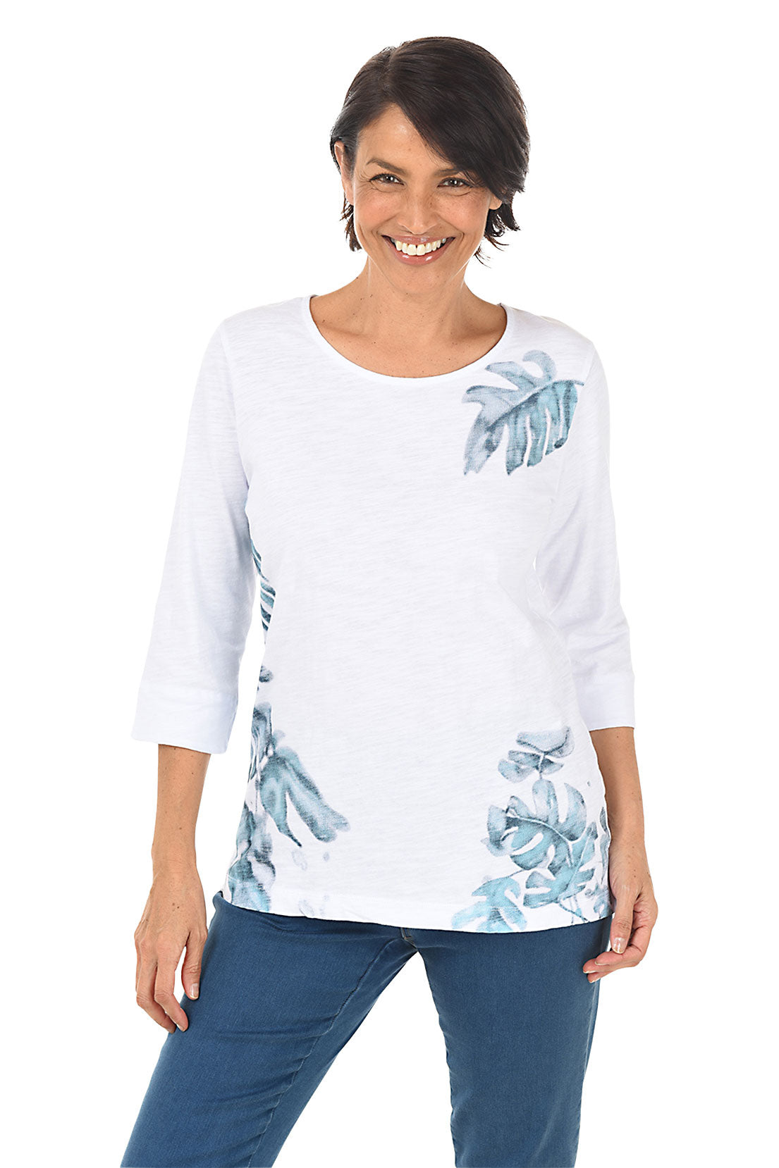 White Tropical Leaf 3/4 Sleeve Knit Top