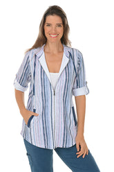 A woman wearing a blue strip zip-up hoodie with rolled up sleeves.