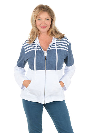 Woman wearing a blue and white striped hoodie on a white background.