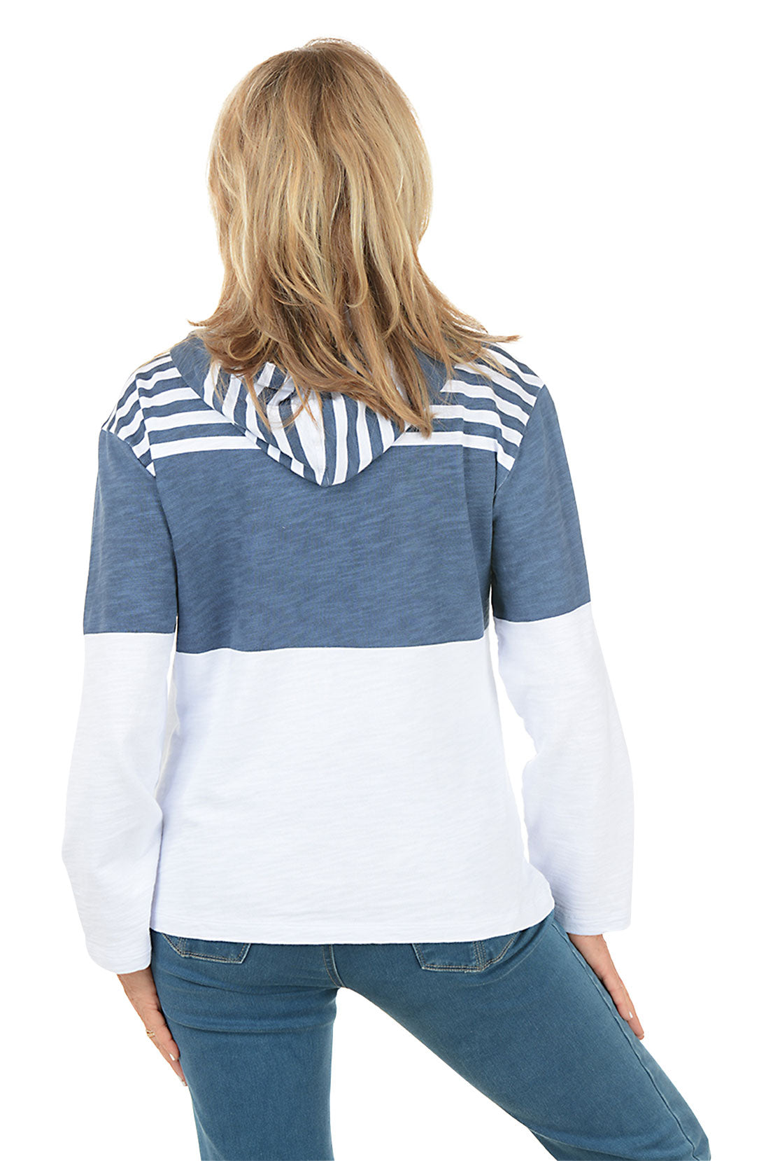 Woman wearing a blue and white striped hoodie on a white background. Back shot.
