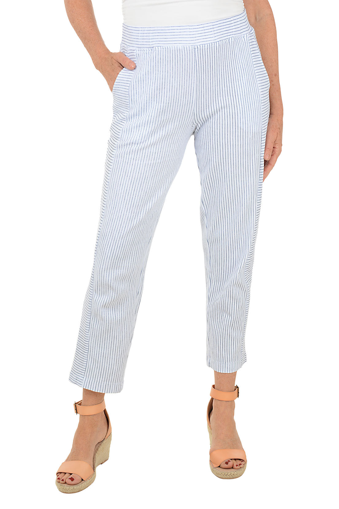 White pants with blue stripes worn by a person on a white background.