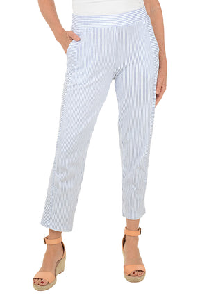 White pants with blue stripes worn by a person on a white background.