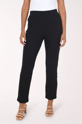 Woman wearing pull-on black ankle pants
