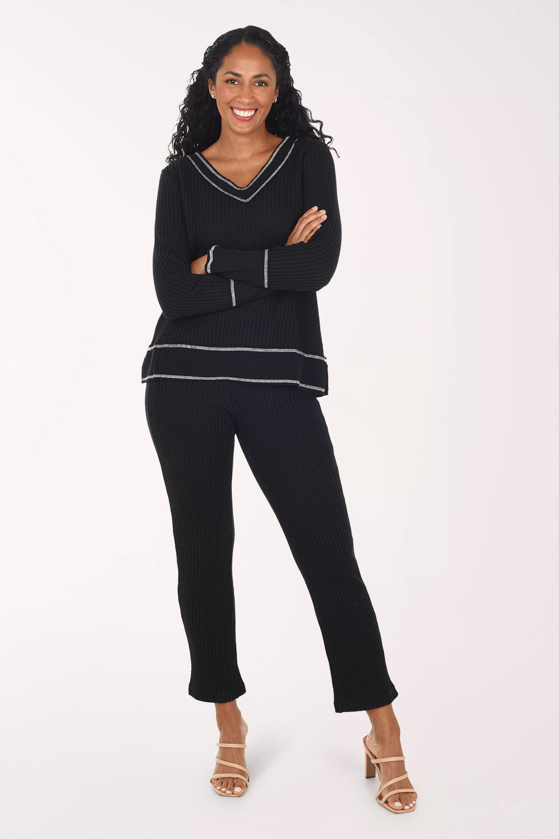 Woman wearing pull-on black cropped pants
