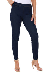 Dark blue jeans worn by a person on a white background