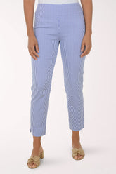 Person wearing blue striped pants on a white background
