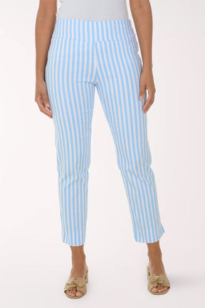 Light blue and white striped pants worn by a person on a white background