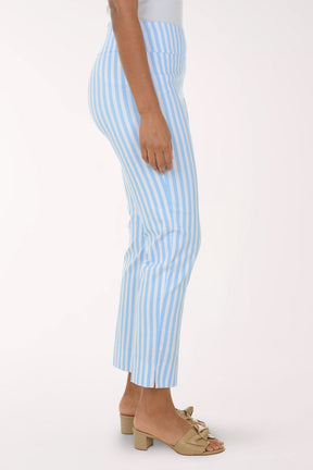 Light blue and white striped pants worn by a person on a white background