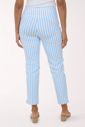 Light blue and white striped pants worn by a person on a white background