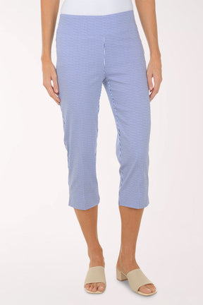 Person wearing blue checkered pants on a white background