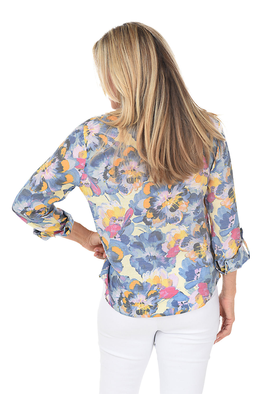 Pansy Flowers Pleated Front Roll Sleeve Blouse