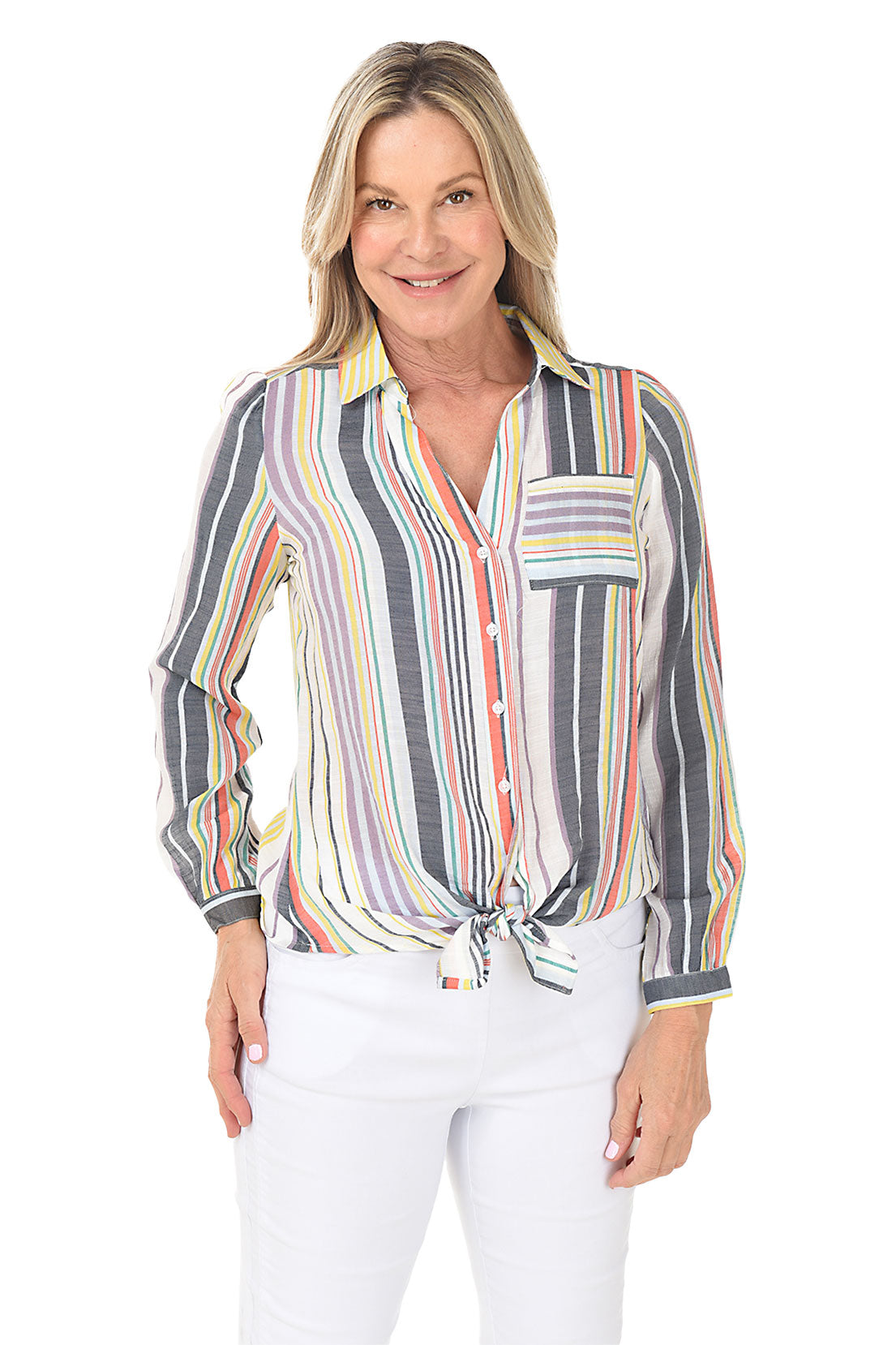 Marshmallow Striped Long Sleeve Button-Front Shirt