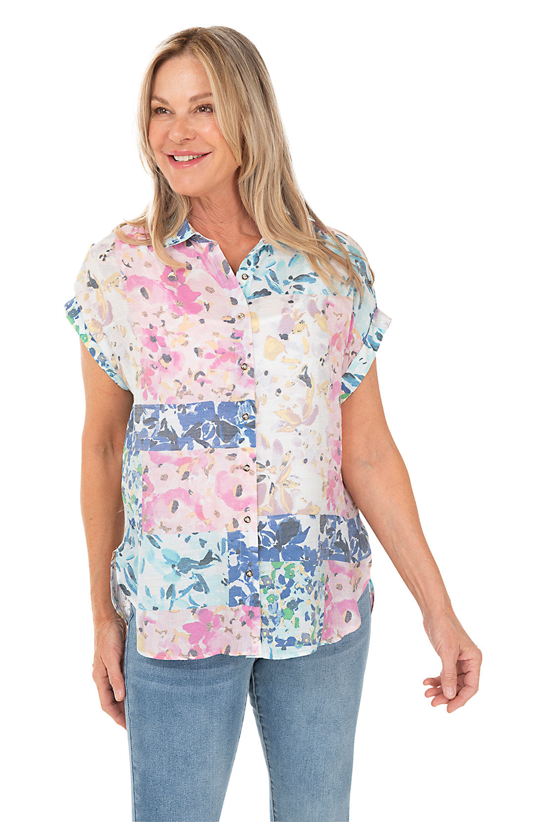 Petite Floral Patchwork Rolled Dolman Sleeve Shirt