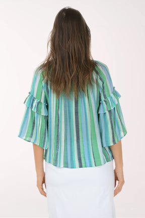 Woman wearing a green and blue striped blouse on a white background