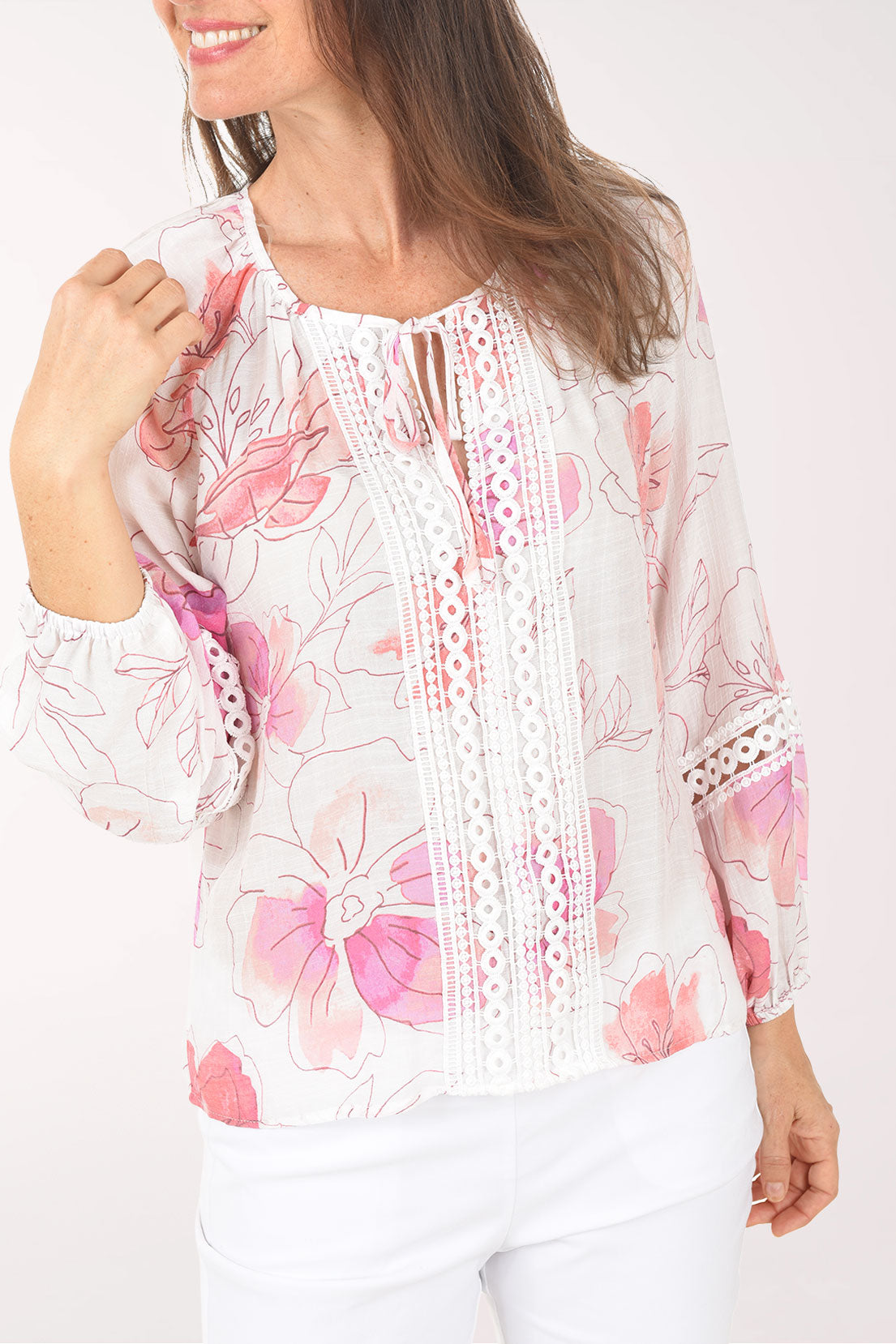 Carnelian Crochet Trim Tie-Neck Blouse | Zac and Rachel