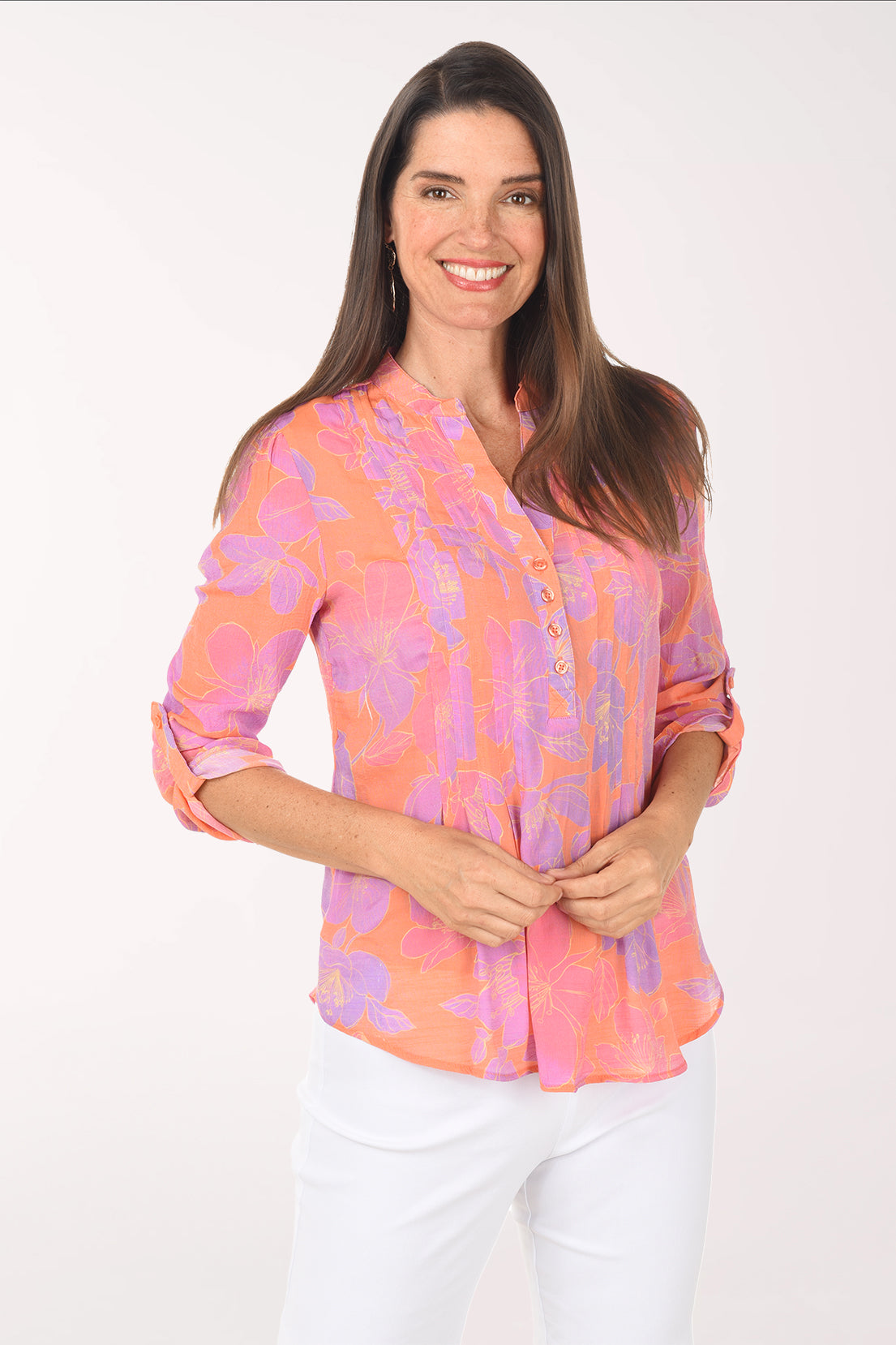 Petite Hawaiian Fuchsia Pleated Roll Sleeve Blouse | Zac and Rachel