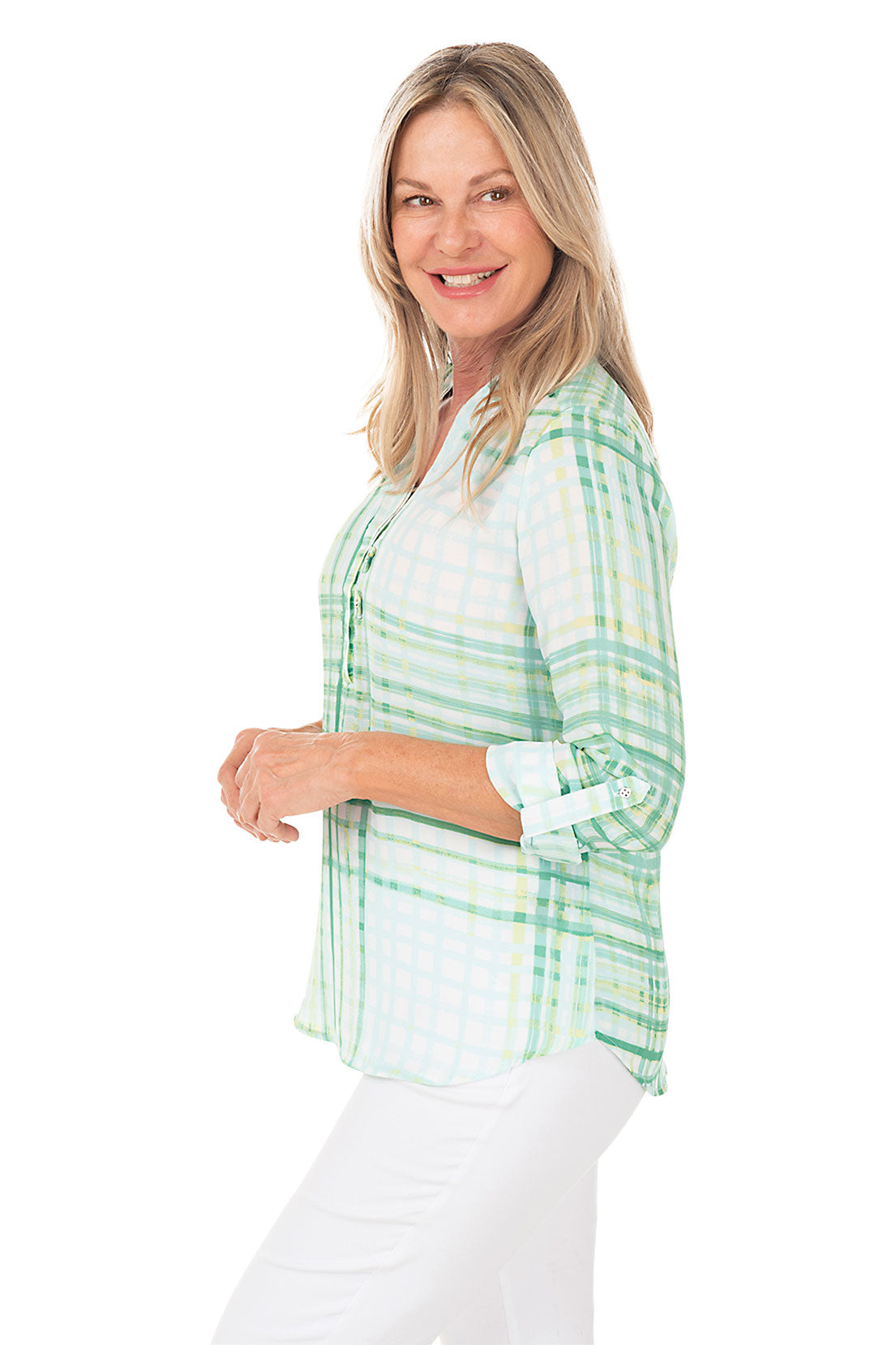 Petite Checkered Button-Tab Crepe Blouse