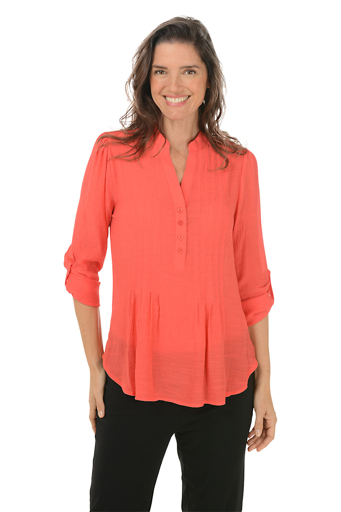 Petite Pleated Front Roll Sleeve Blouse