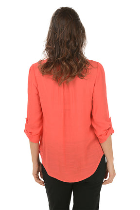 Petite Pleated Front Roll Sleeve Blouse