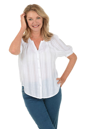 Petite Woven Stripe Short Raglan Sleeve Shirt