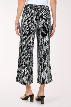 Person wearing black and white patterned wide-leg pants on a white background
