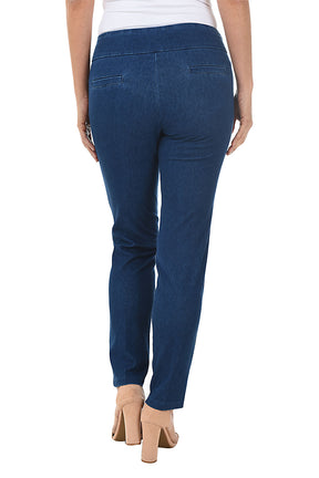 Back shot of blue jeans worn by a person on a white background