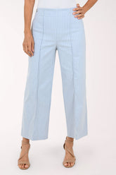 A model wearing light blue and white pinstriped cropped wide-leg pants with beige strappy heeled sandals, shown from the waist down against a plain white studio background.