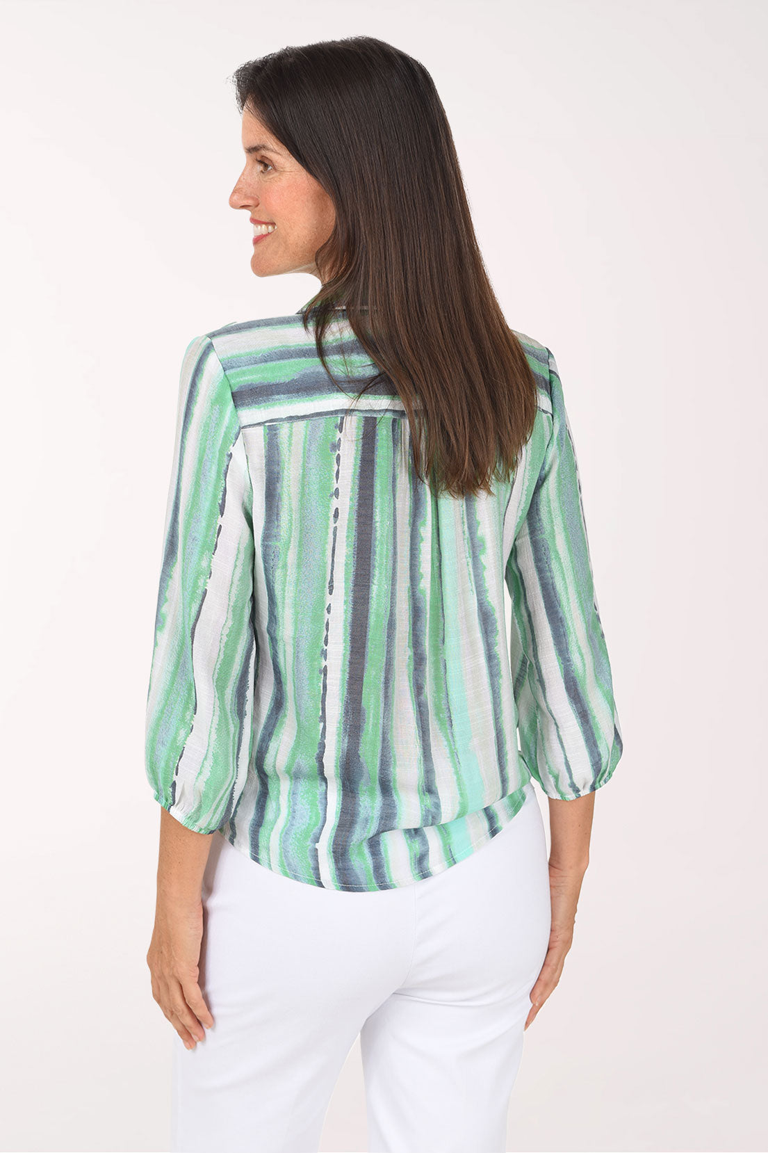 Back view of the Green Gulfstream Striped Crochet Detail Shirt showing the pleated back