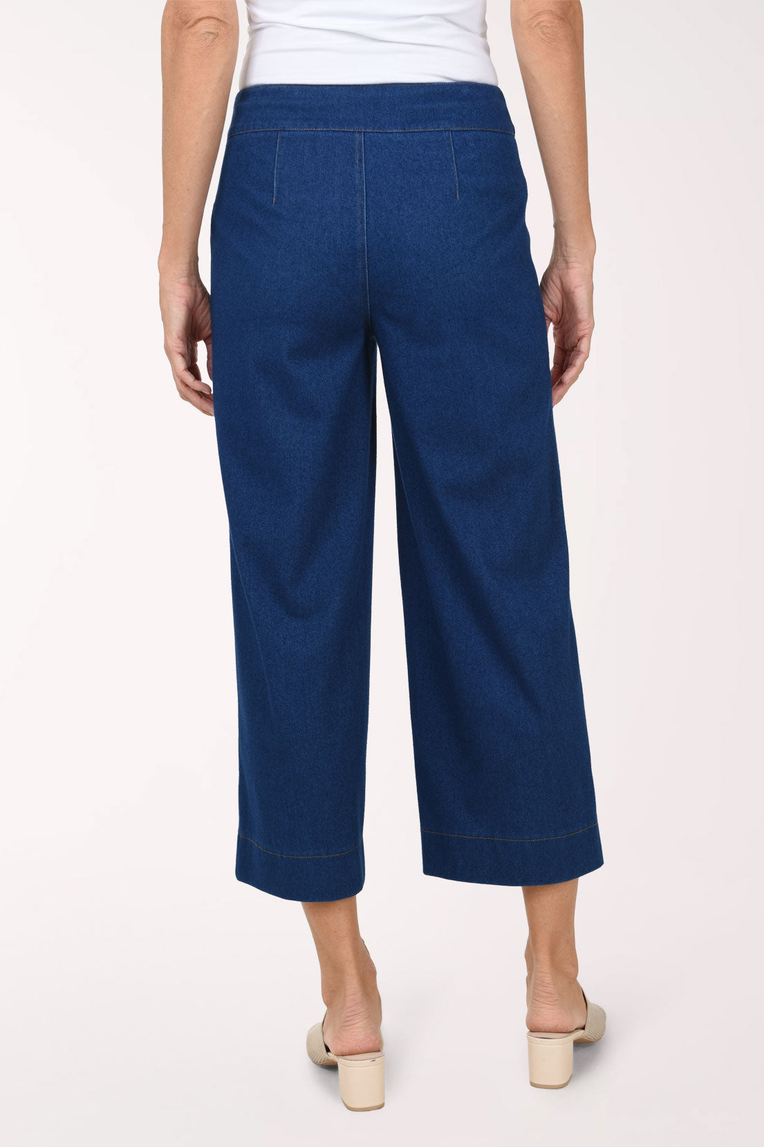 A back view of medium wash wide leg cropped pull-on jeans with a smooth back.