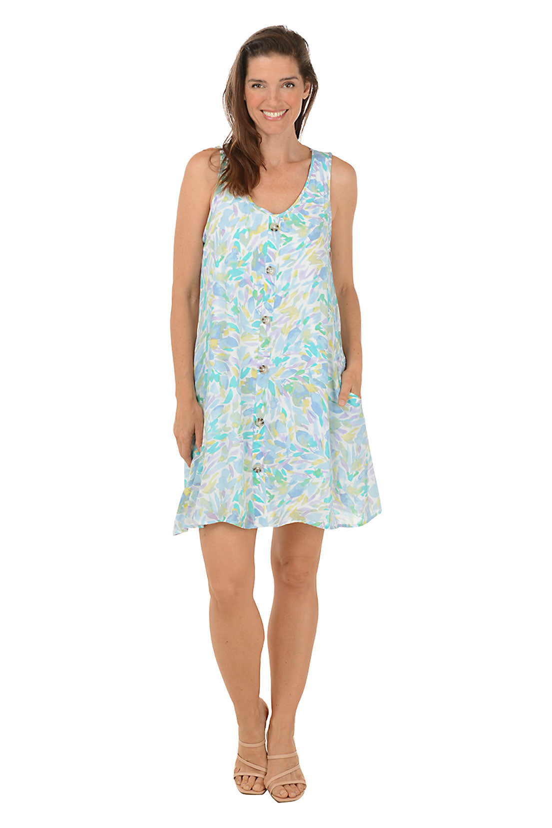 Watercolor Petal Button-Front Sleeveless Dress
