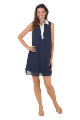 Navy Contrast Collar Sleeveless Dress