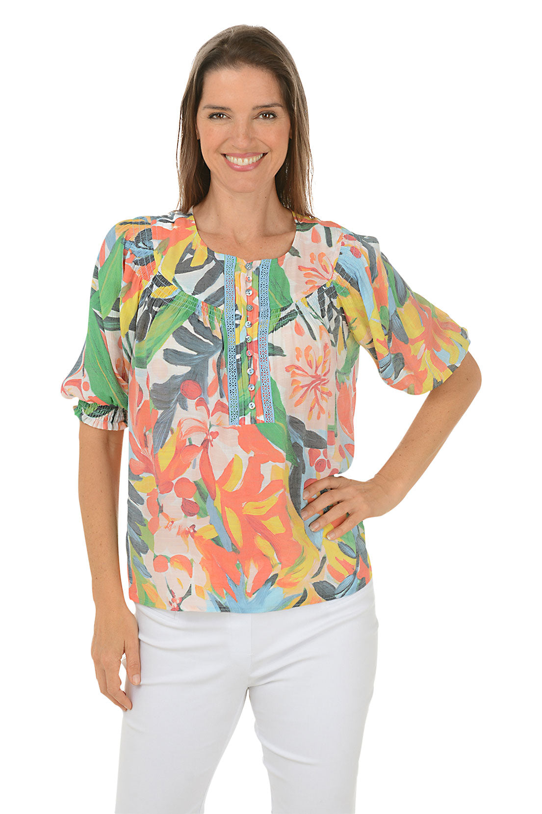 Painted Garden Crochet Yoke Button Blouse
