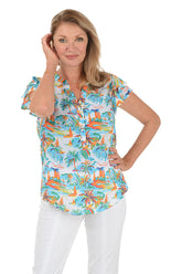 Tropical River Ruffled Short Sleeve Blouse