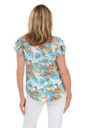 Tropical River Ruffled Short Sleeve Blouse