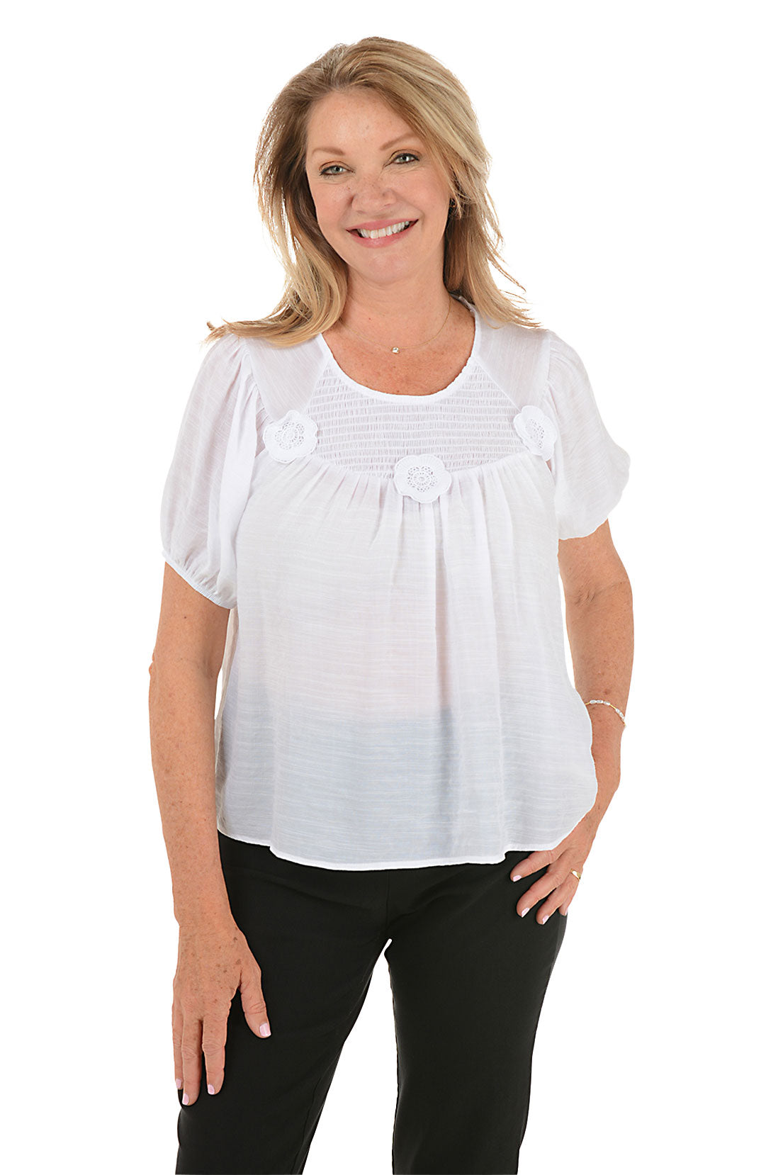 Floral Applique Smocked Yoke Blouse