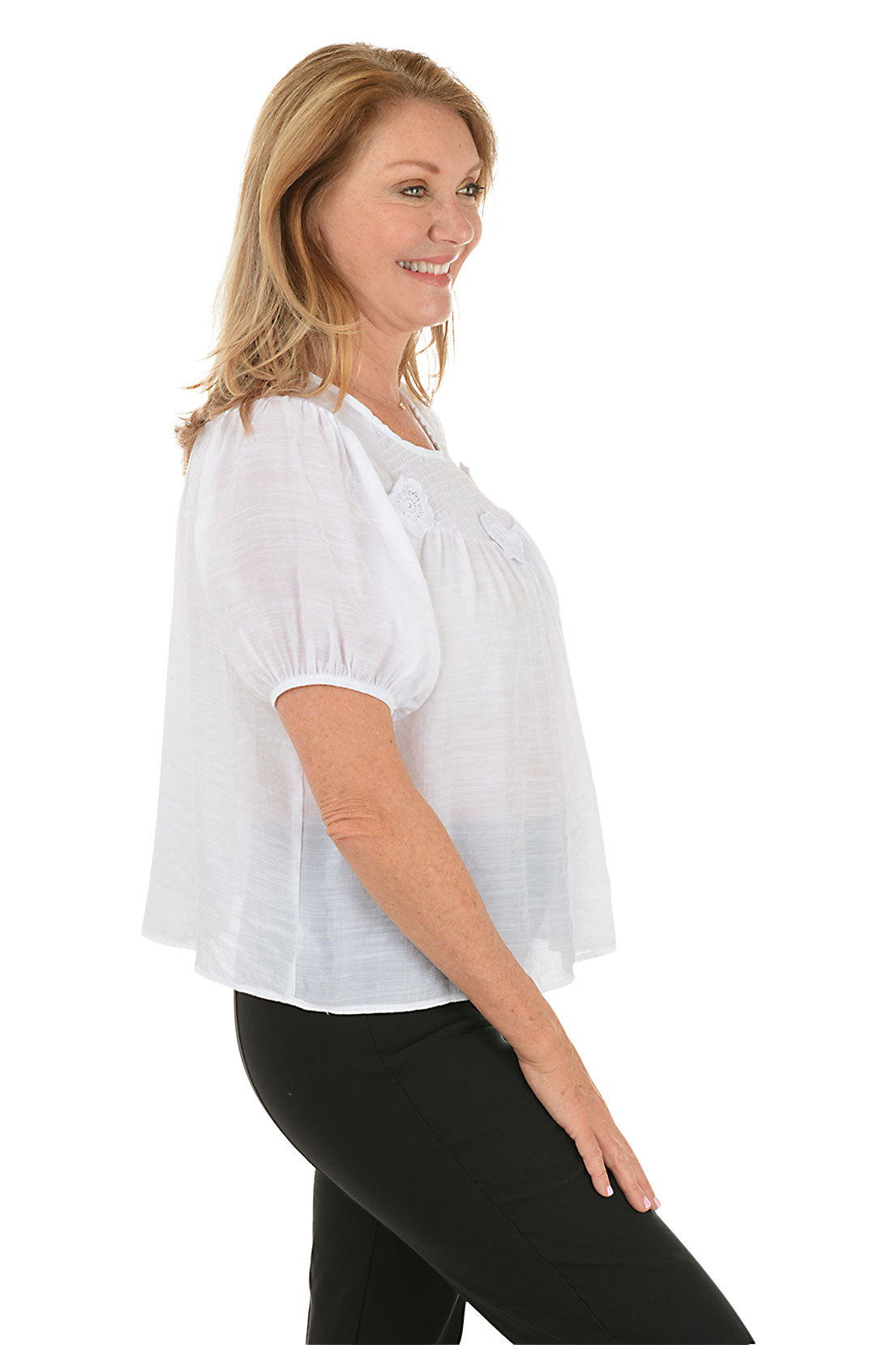 Floral Applique Smocked Yoke Blouse