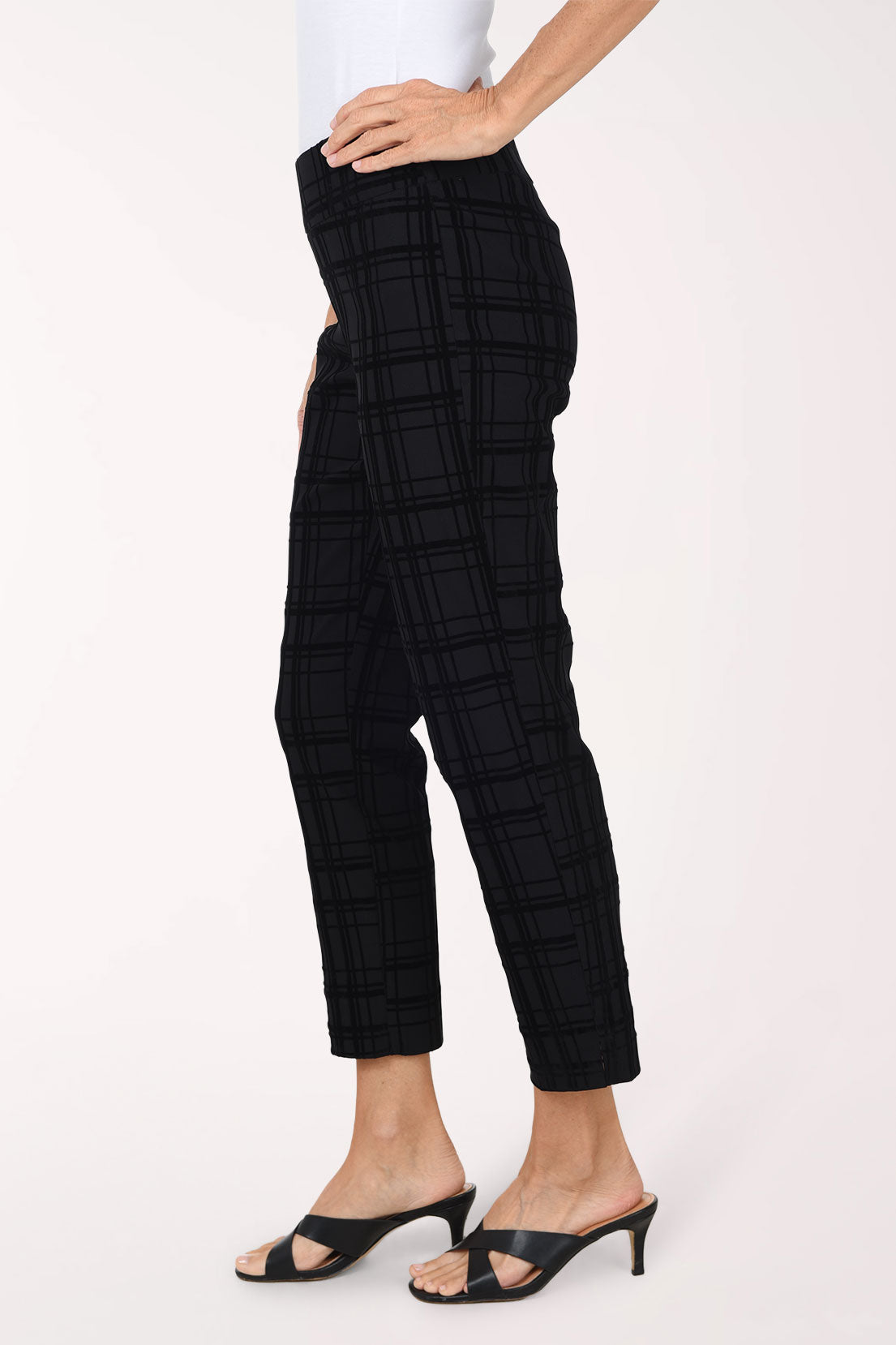 Side view of the Velvet Plaid Pull-On Ankle Pant showing the ankle-length leg and side slit