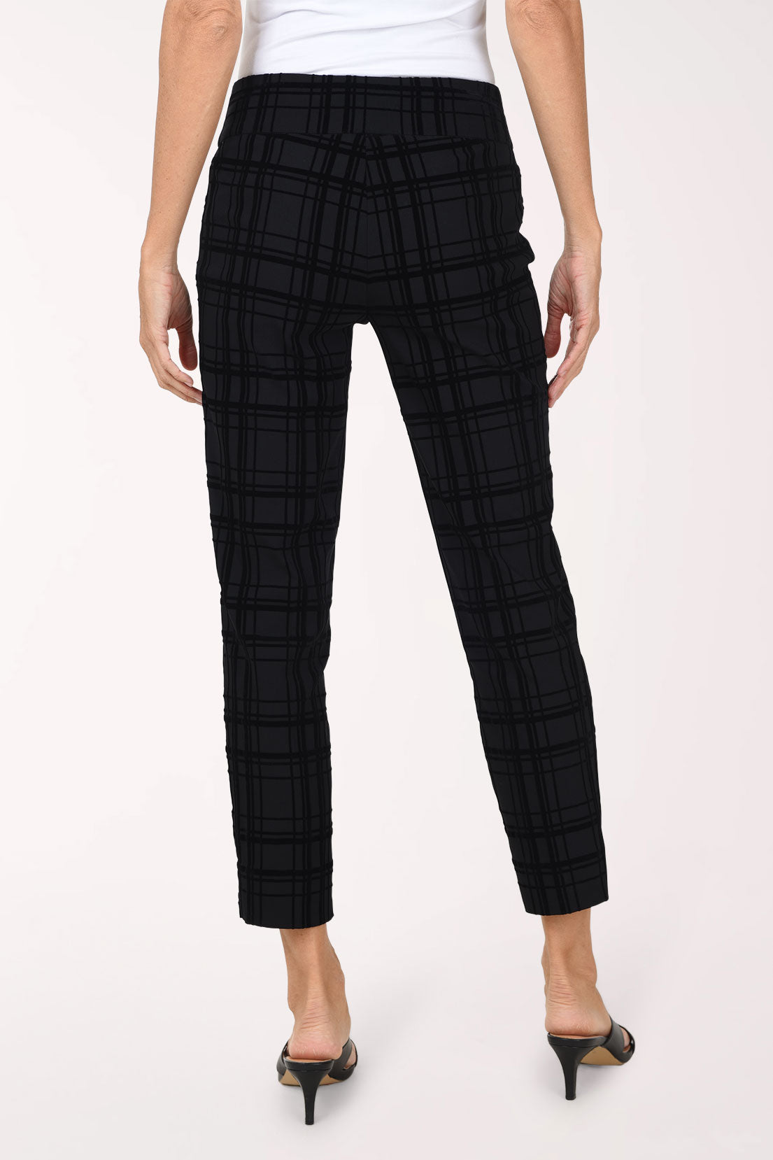 Back view of the Velvet Plaid Pull-On Ankle Pant in black and grey plaid