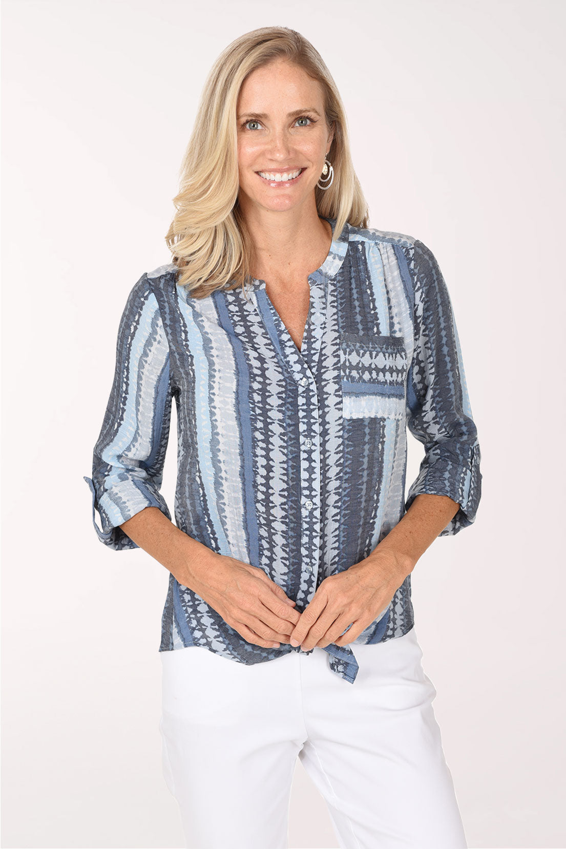 Front view of the Mottled Blue Striped Button-Front Blouse with sleeves rolled and held by button tabs